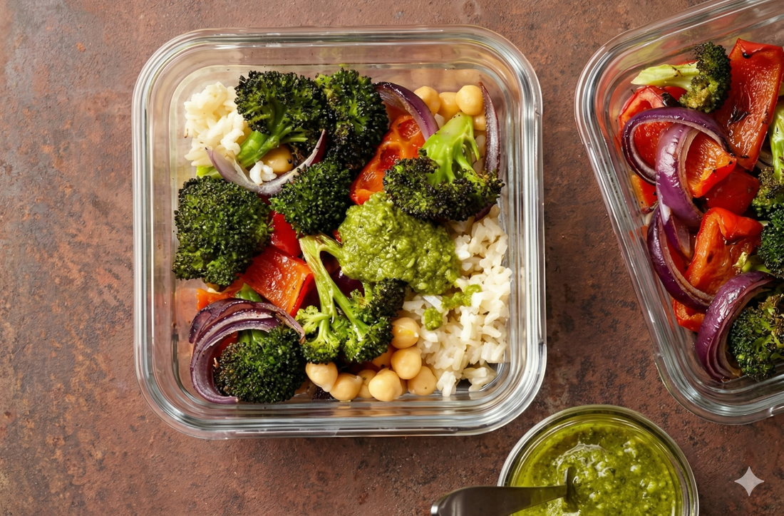 Healthy veggie meal prep box with rice, broccoli and chickpeas - Meals subscription in kolkata