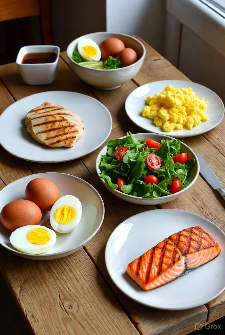 High protein low calorie foods for weight loss including eggs, paneer, chicken, lentils and Greek yogurt