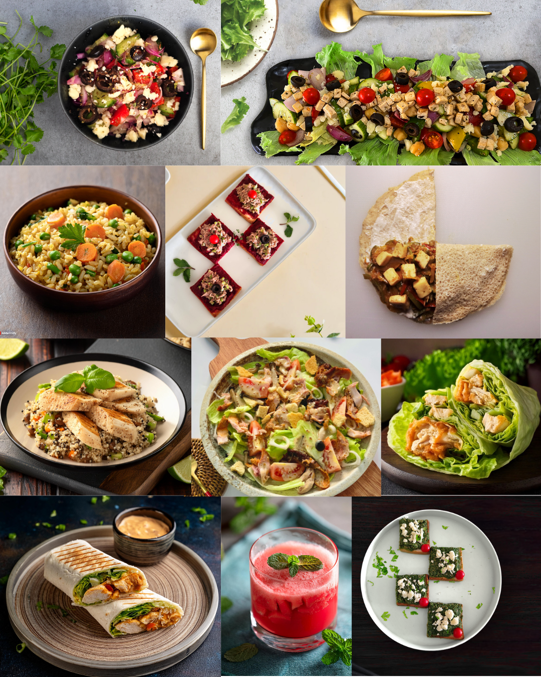 Collage of vibrant healthy dishes with salads and wraps, highlighting fresh ingredients like greens and grains, for nutritious meals.