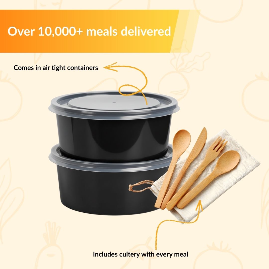Airtight meal containers with cutlery delivering hygienic Healthy Meals in Kolkata.