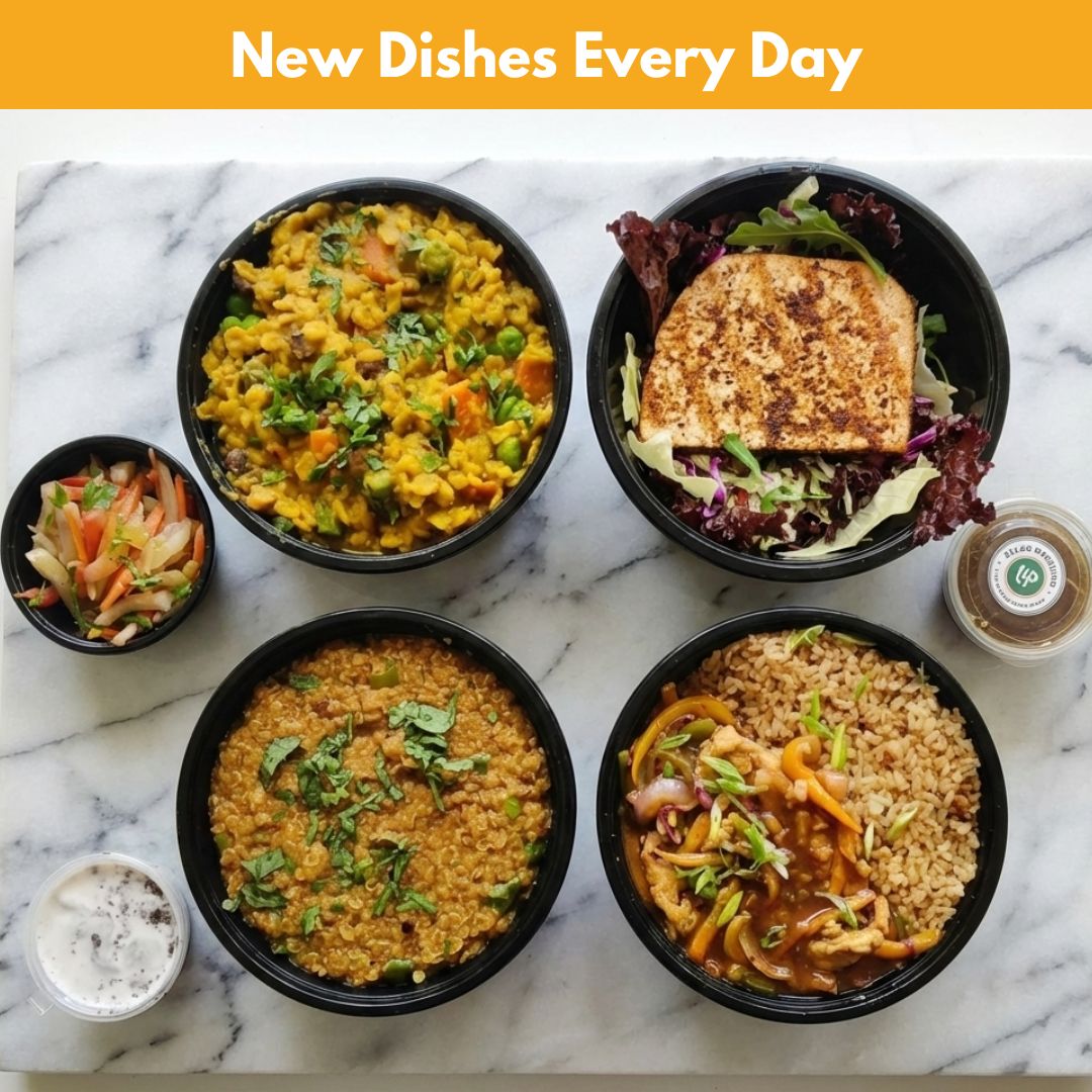 New dishes every day shown with multiple healthy meal bowls from a Meal subscription in Kolkata.