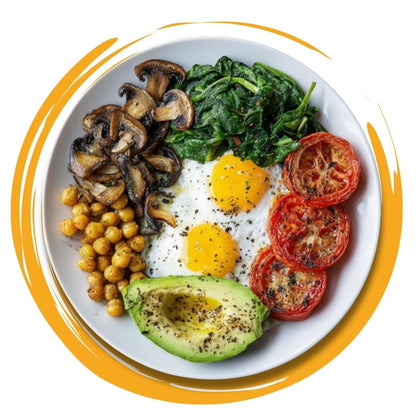 Nutritious breakfast plate with eggs, vegetables, and avocado, ideal for Healthy Meals in Kolkata.
